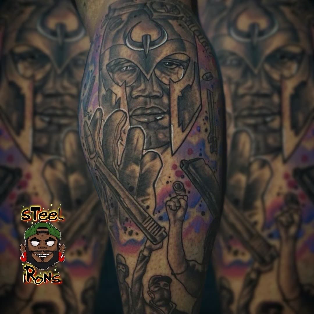 Black & Grey + Illustrative helmet tattoo on Calf by Steelirons on TattMe