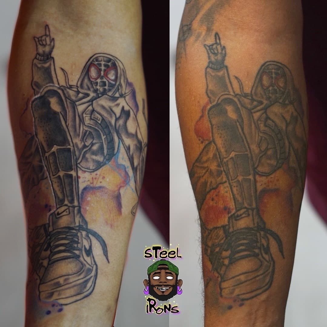 Illustrative + Pop Culture miles morales tattoo on Forearm by Steelirons on TattMe