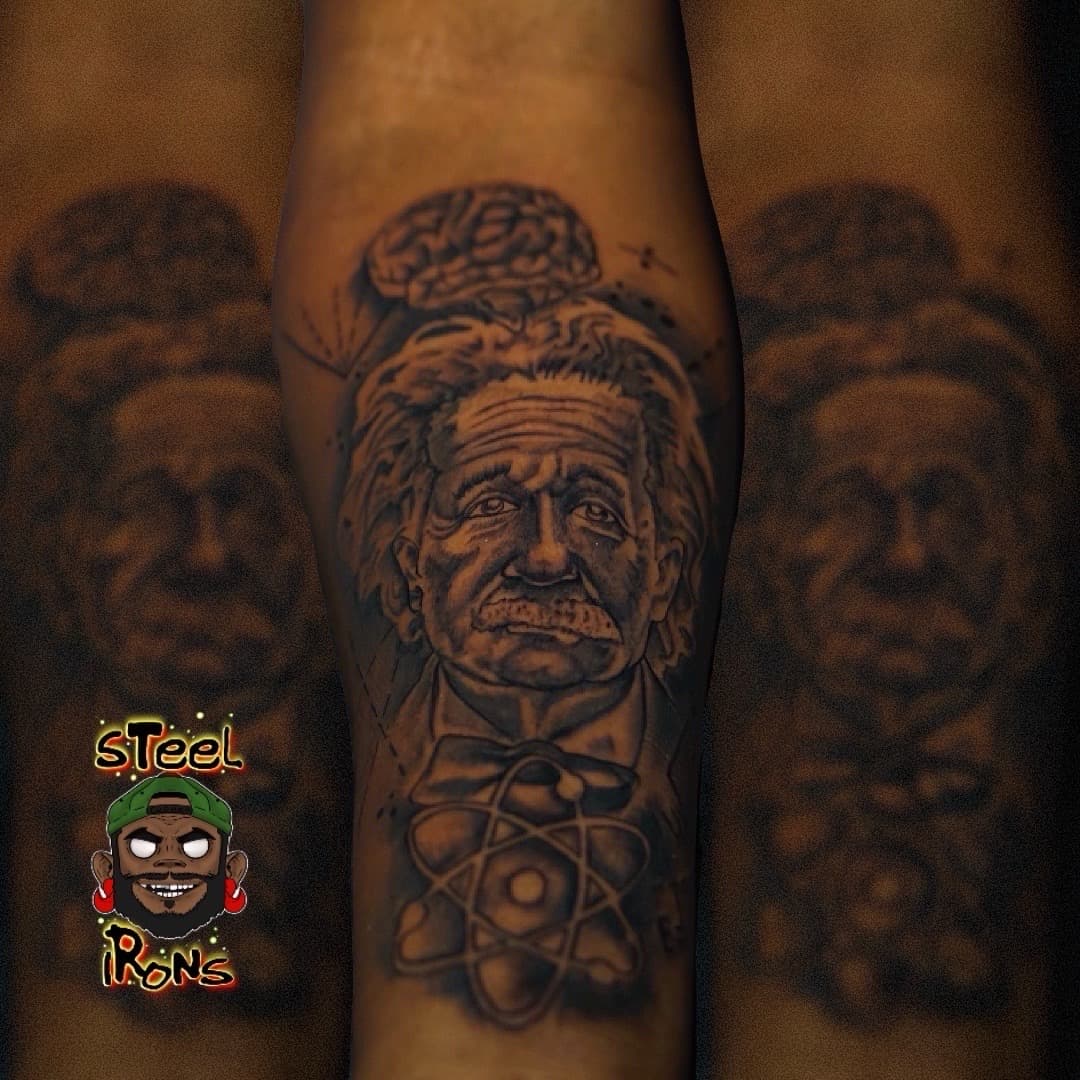 Realism + Black & Grey einstein tattoo on Upper Arm by Steelirons on TattMe