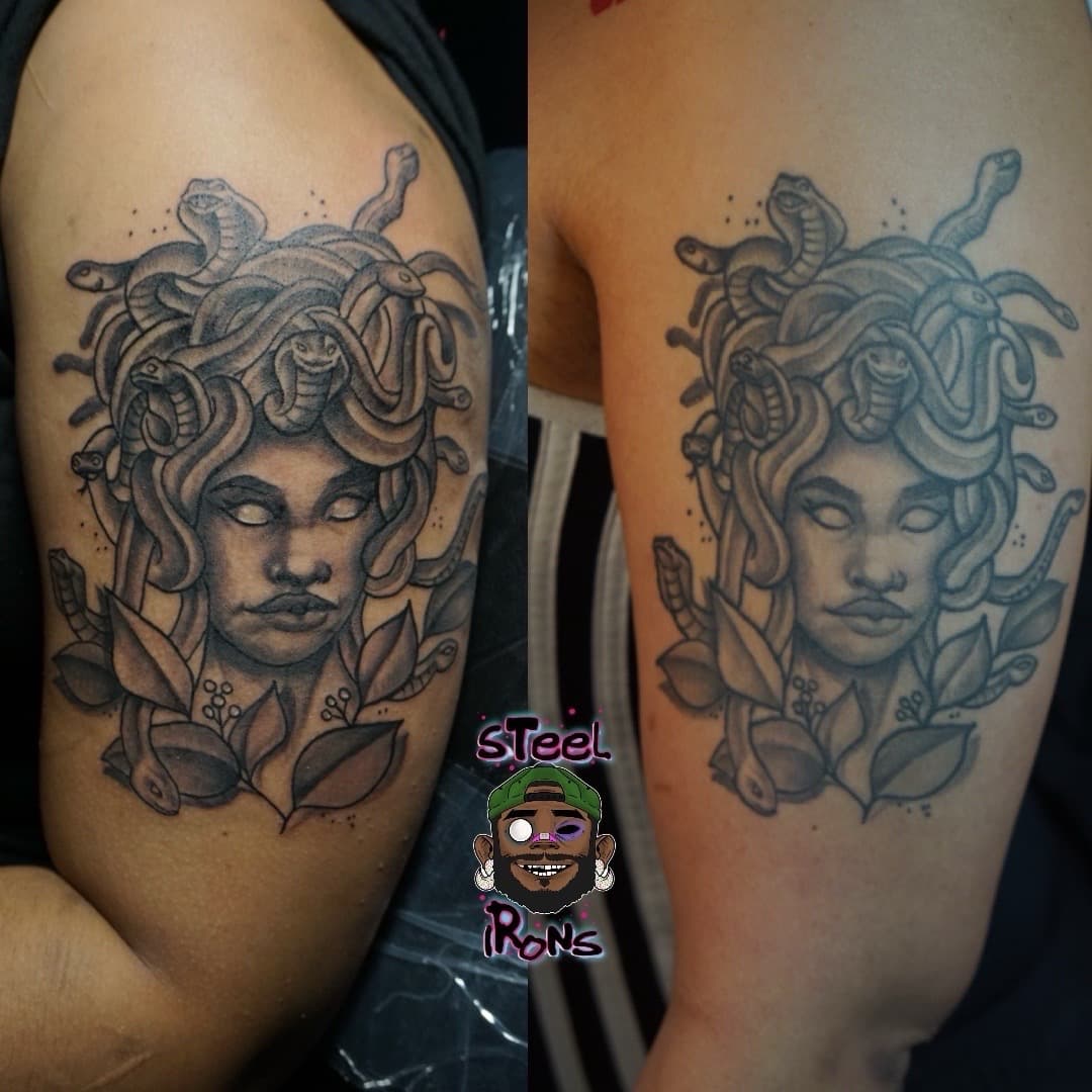 Black & Grey + Illustrative medusa tattoo on Upper Arm by Steelirons on TattMe