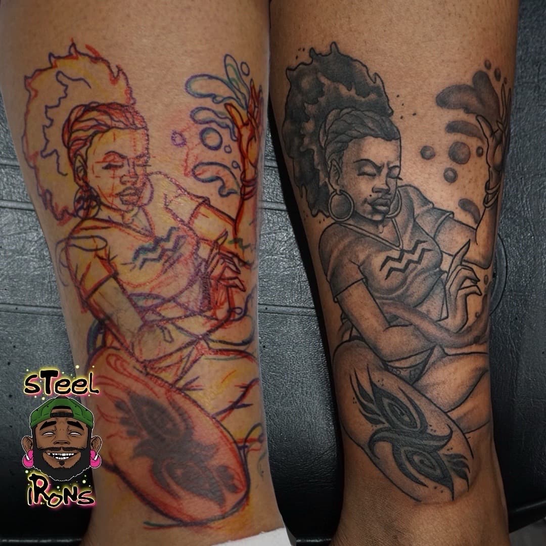 Black & Grey + Illustrative woman tattoo on Calf by Steelirons on TattMe