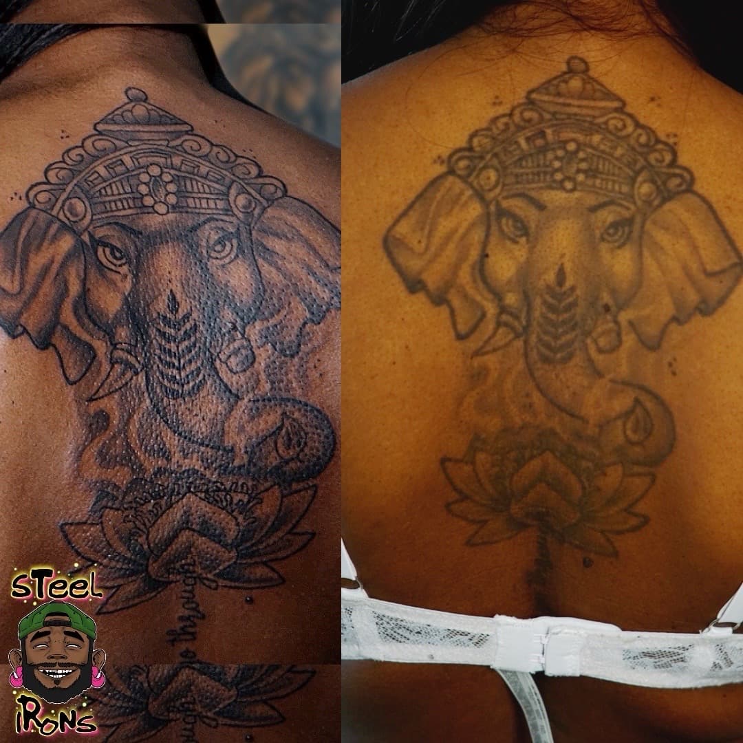 Illustrative + Black & Grey ganesha tattoo on Upper Back by Steelirons on TattMe