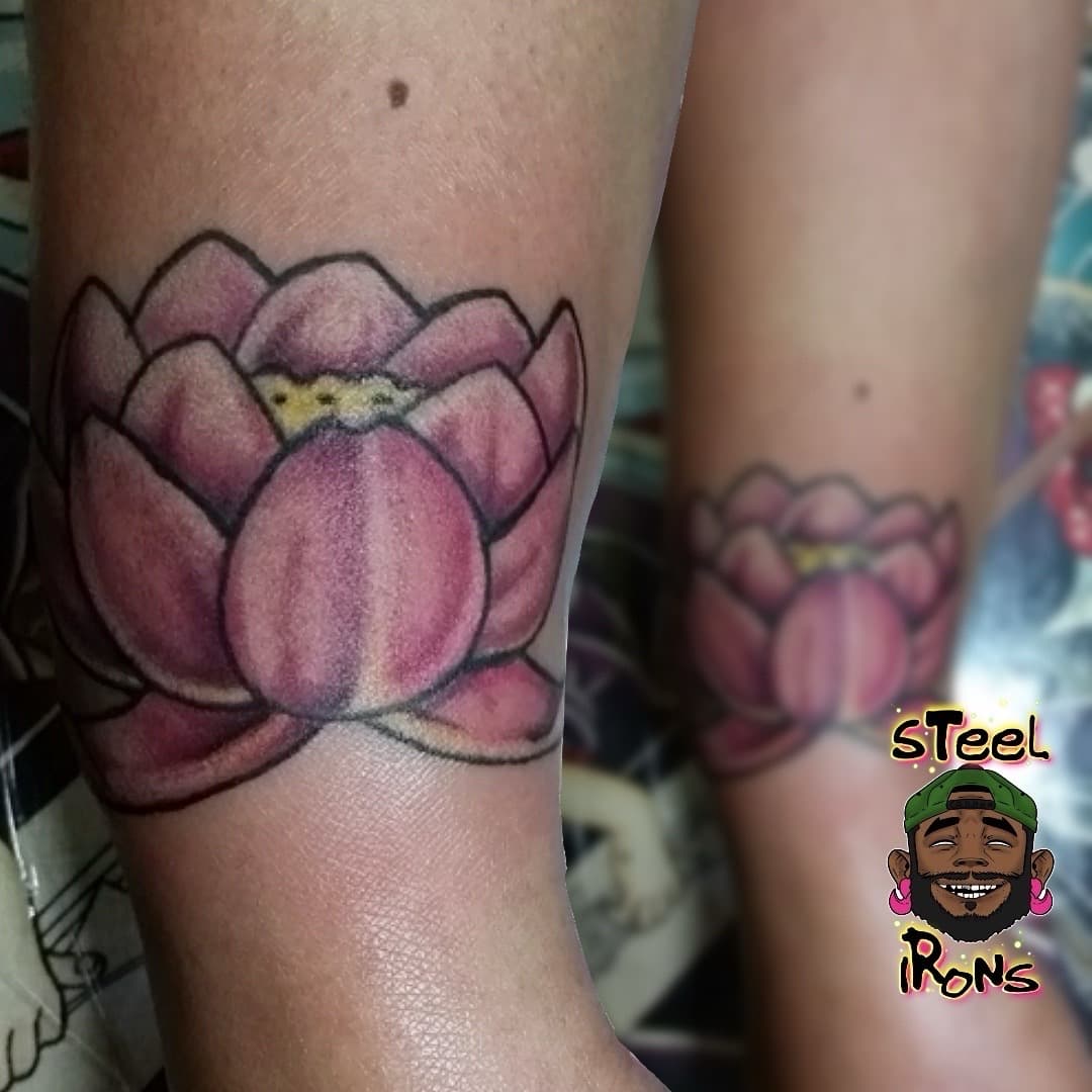 Color + Floral lotus tattoo on Ankle by Steelirons on TattMe