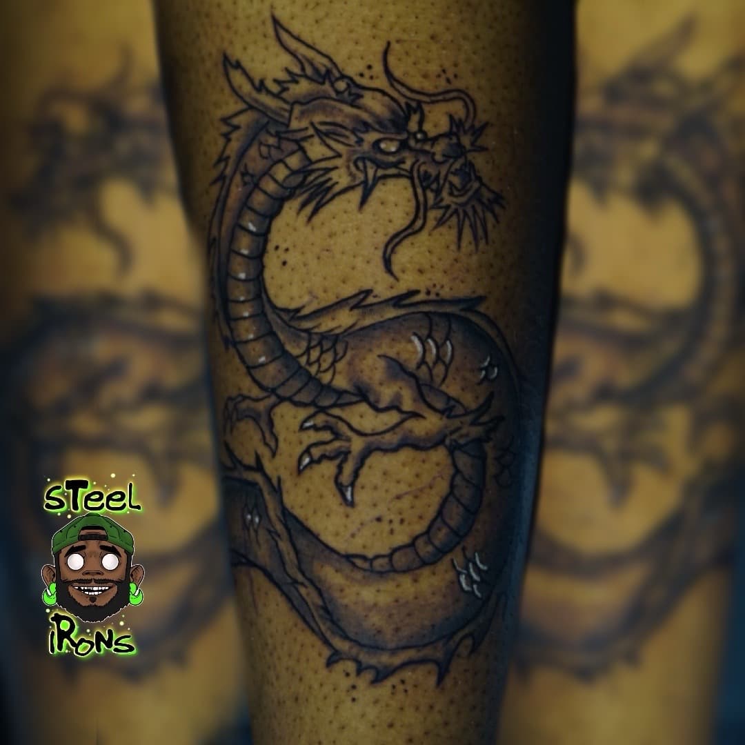 Japanese + Black & Grey dragon tattoo on Calf by Steelirons on TattMe