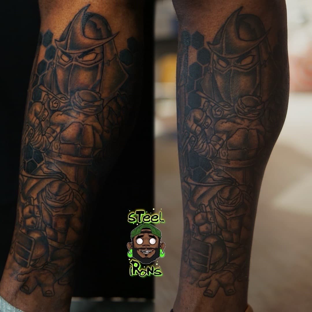 Black & Grey + Illustrative shredder tattoo on Calf by Steelirons on TattMe