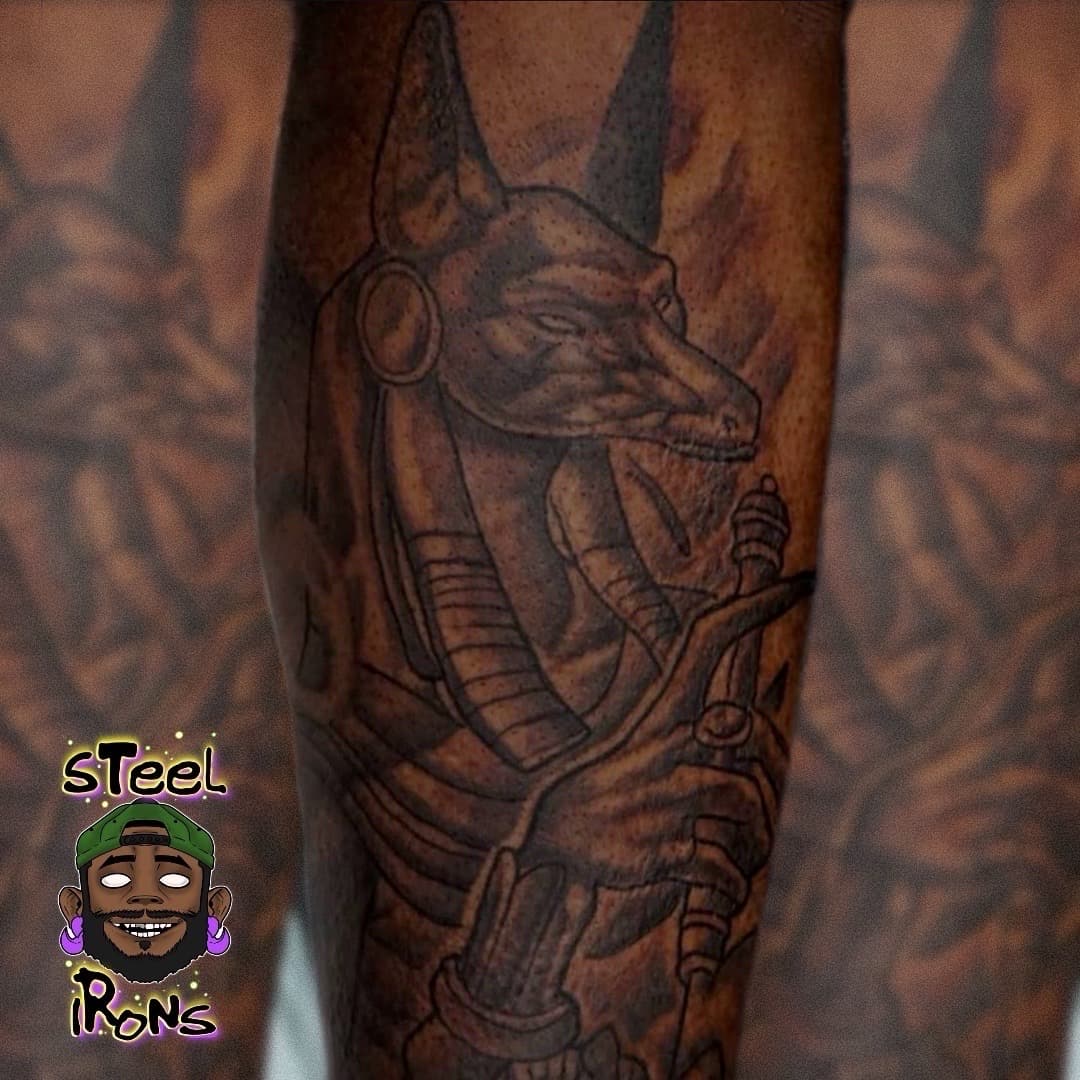 Black & Grey + Illustrative anubis tattoo on Calf by Steelirons on TattMe