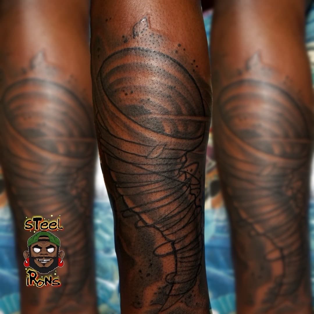 Black & Grey + Illustrative tornado tattoo on Calf by Steelirons on TattMe