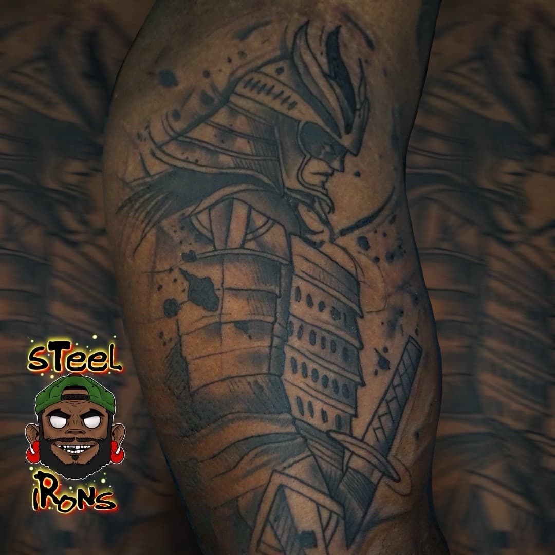 Black & Grey + Illustrative samurai tattoo on Upper Arm by Steelirons on TattMe