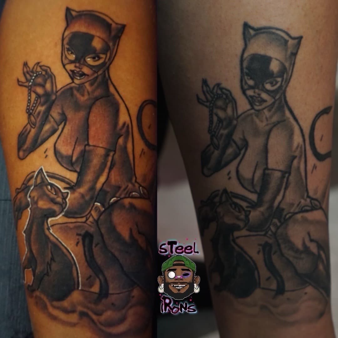 Black & Grey + Illustrative catwoman tattoo on Calf by Steelirons on TattMe