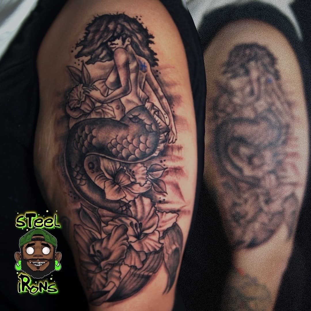Black & Grey + Illustrative mermaid tattoo on Upper Arm by Steelirons on TattMe