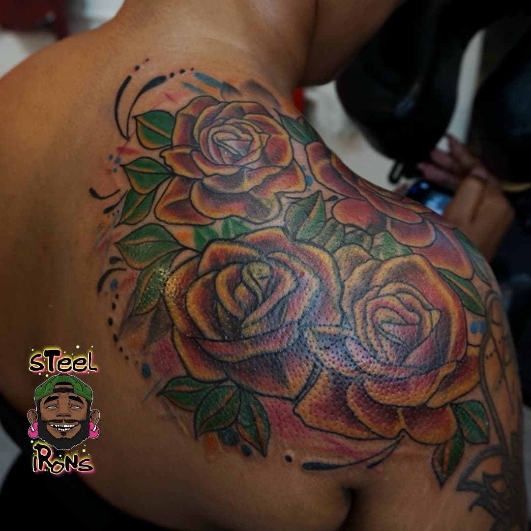 Floral + Color roses tattoo on Shoulder by Steelirons on TattMe