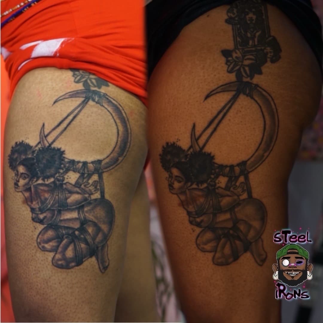 Black & Grey + Illustrative woman tattoo on Thigh by Steelirons on TattMe
