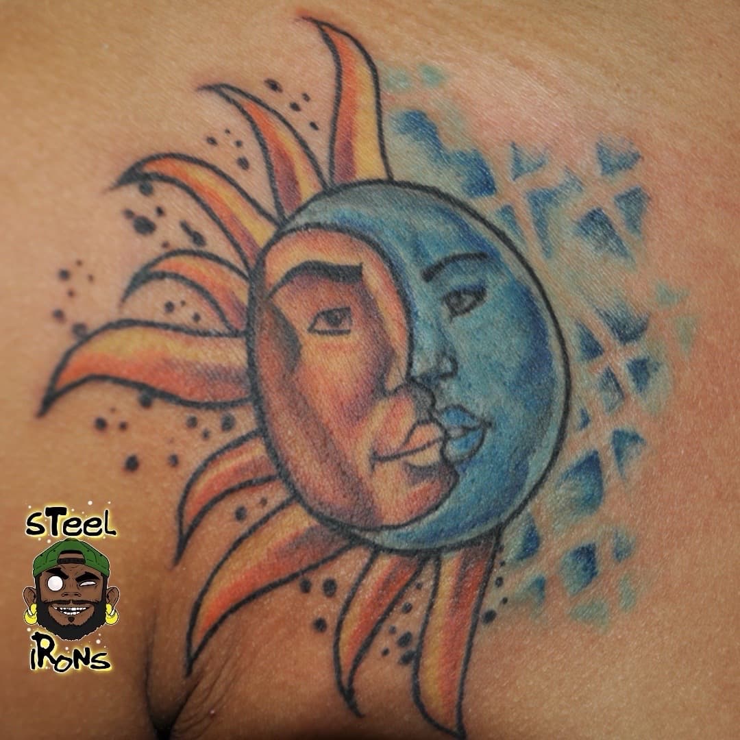 Color + Illustrative sun tattoo by Steelirons on TattMe