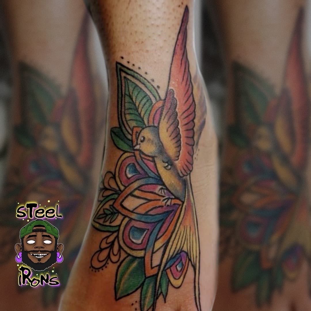 Color + Illustrative bird tattoo on Foot by Steelirons on TattMe