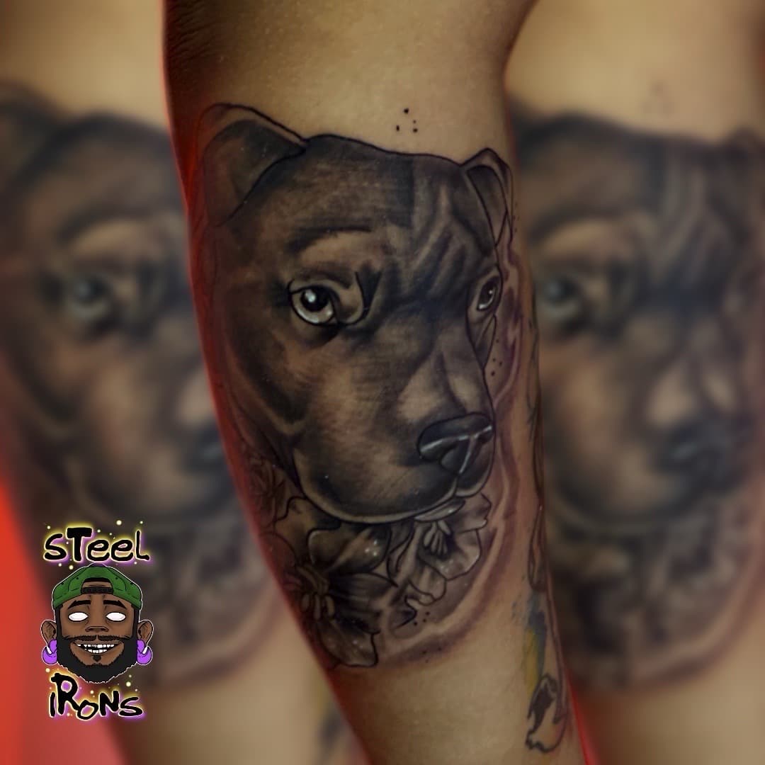 Black & Grey + Realism dog tattoo on Upper Arm by Steelirons on TattMe