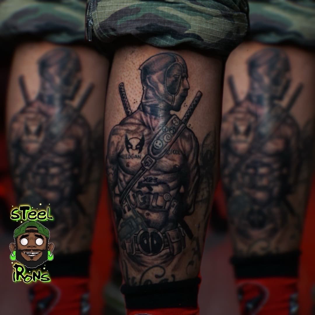 Black & Grey + Illustrative deadpool tattoo on Calf by Steelirons on TattMe
