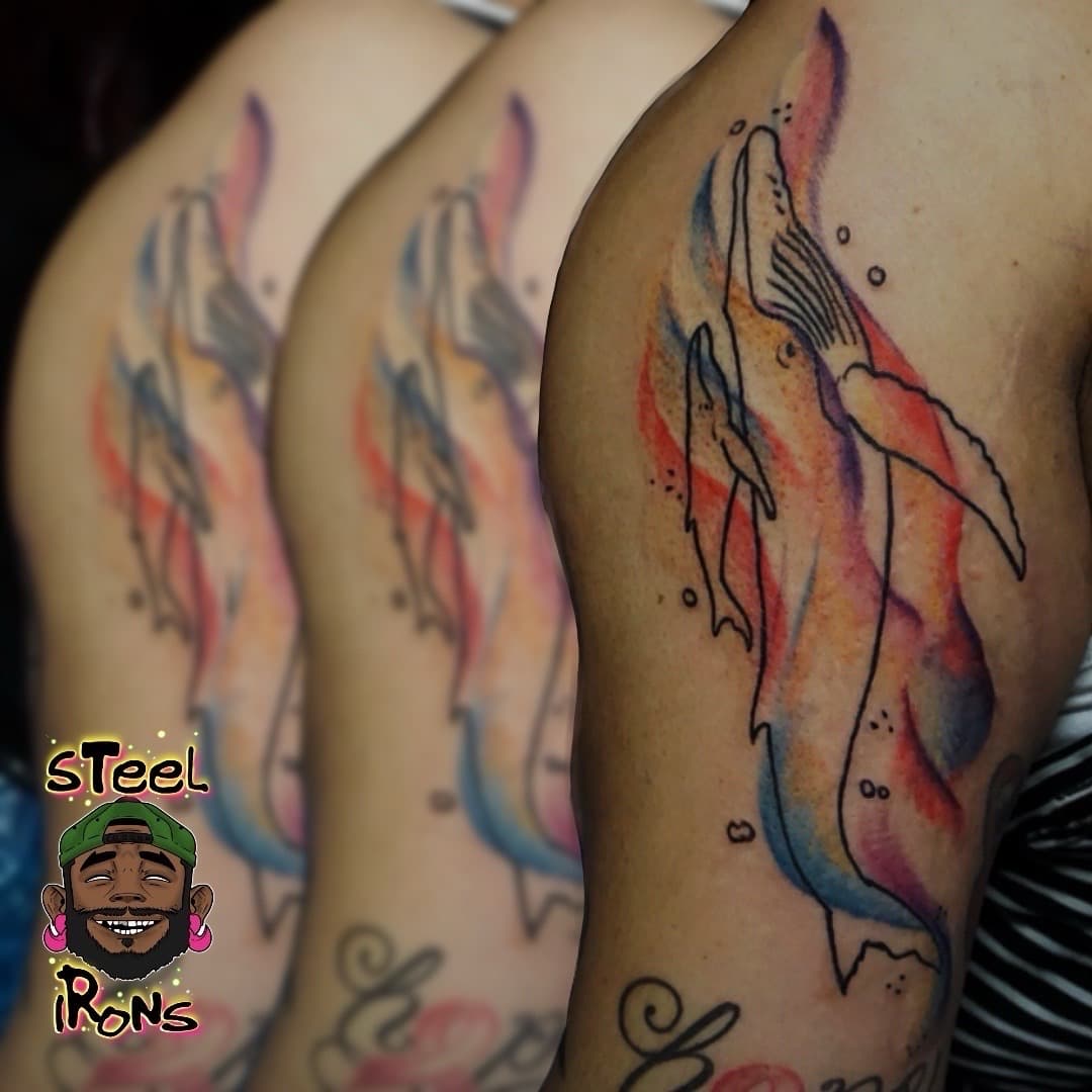 Watercolor + Line-work whales tattoo on Upper Arm by Steelirons on TattMe