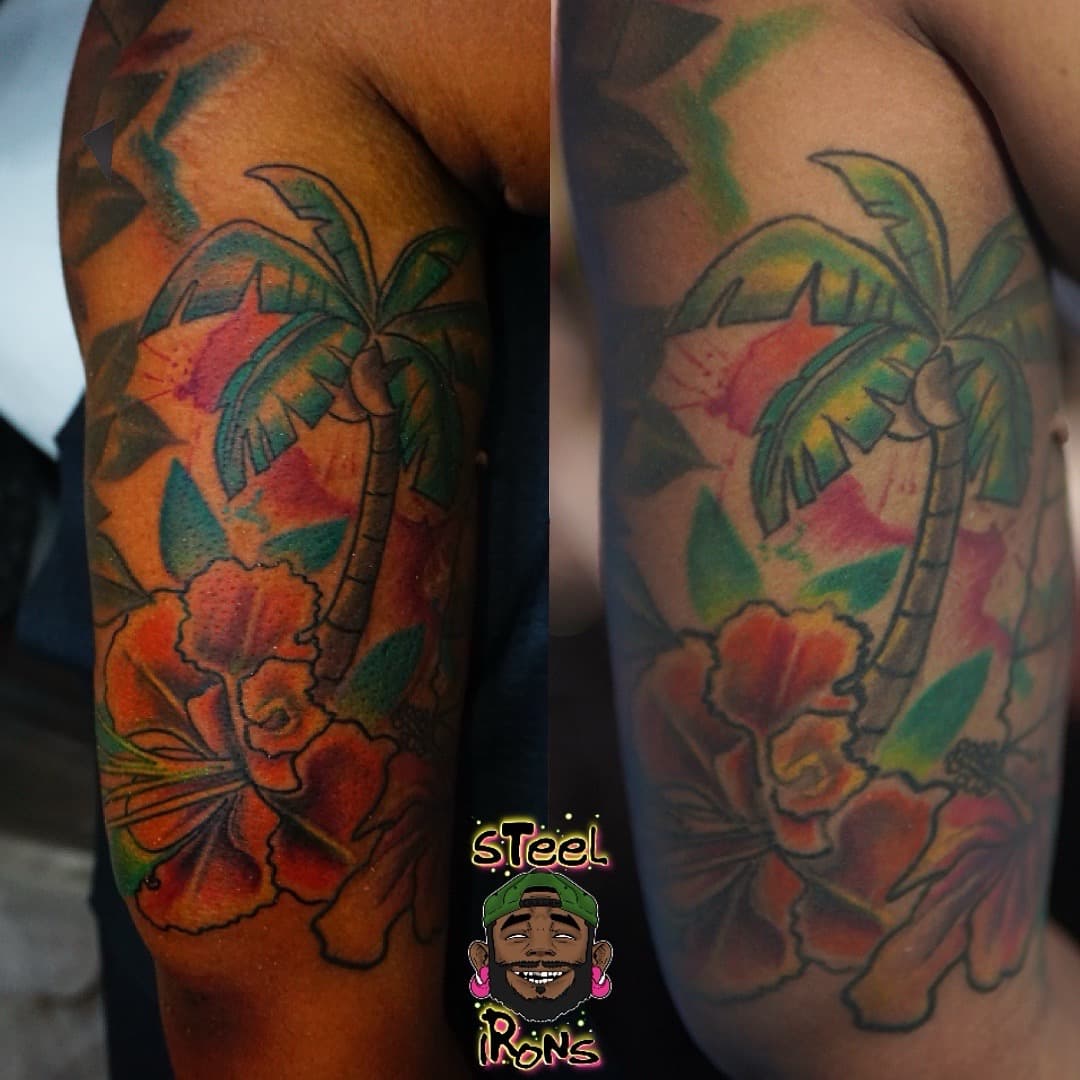 Color + New School palm tree tattoo on Upper Arm by Steelirons on TattMe