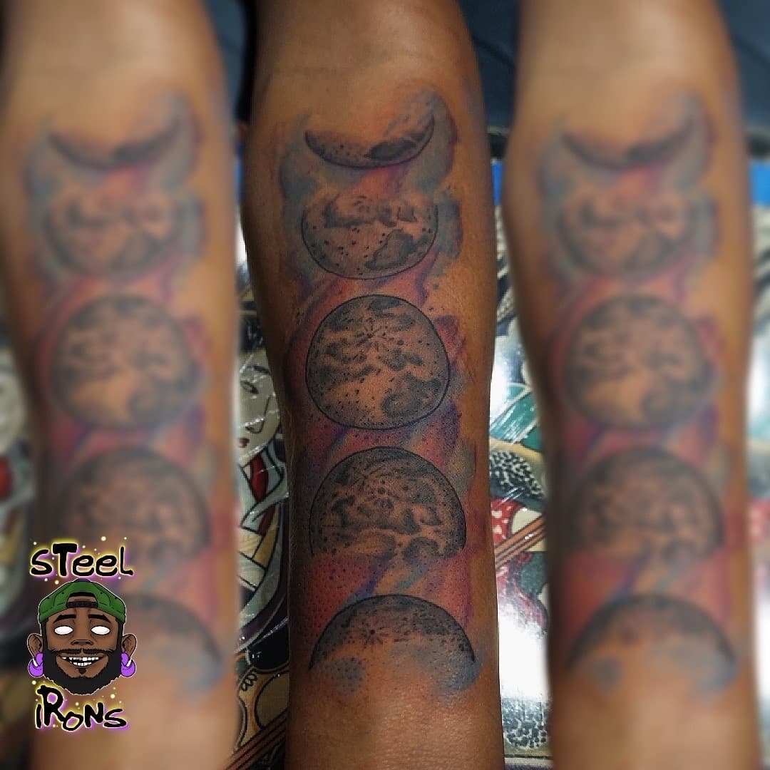 Watercolor + Color moon tattoo on Calf by Steelirons on TattMe