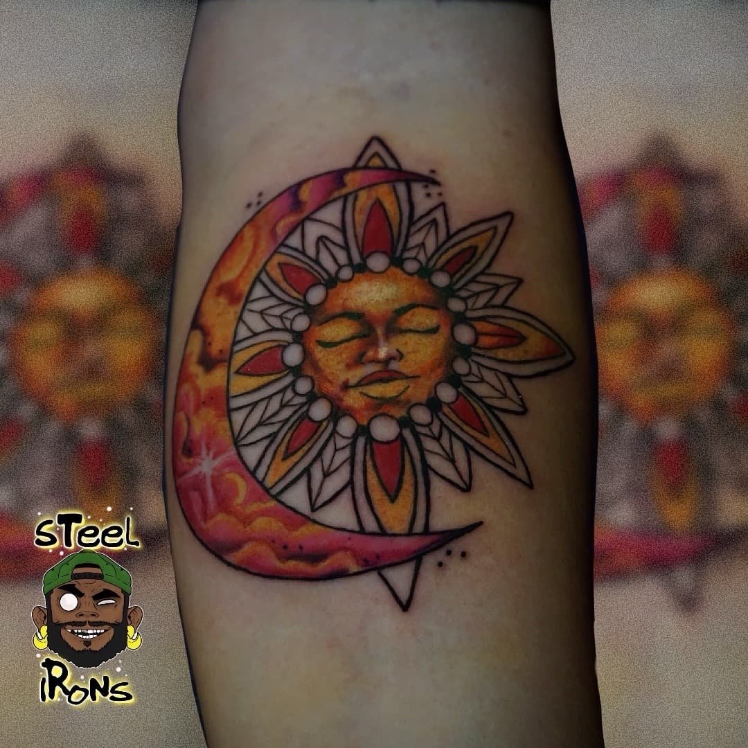 Color + Illustrative sun tattoo on Forearm by Steelirons on TattMe
