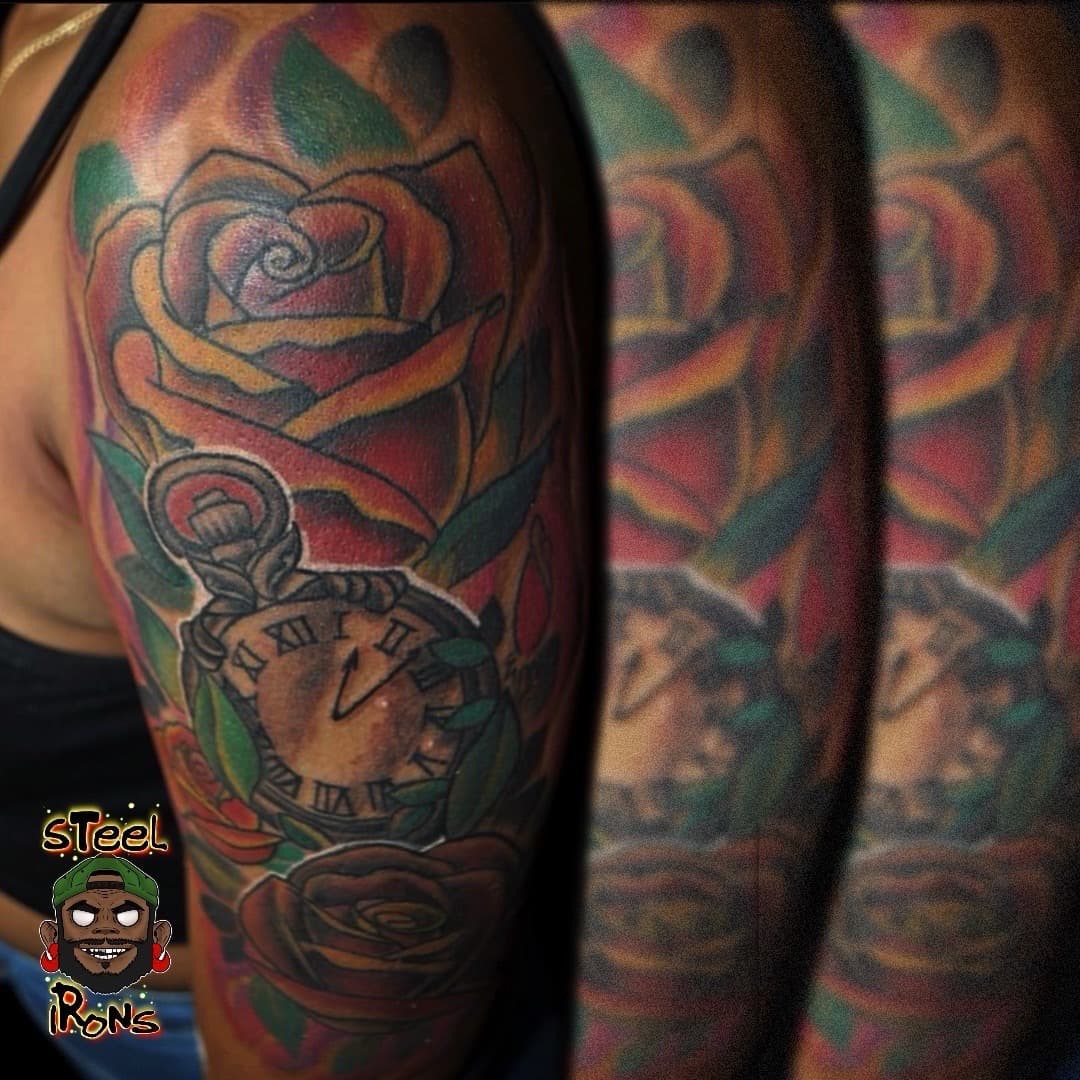 Color + Neo-Traditional roses tattoo on Upper Arm by Steelirons on TattMe