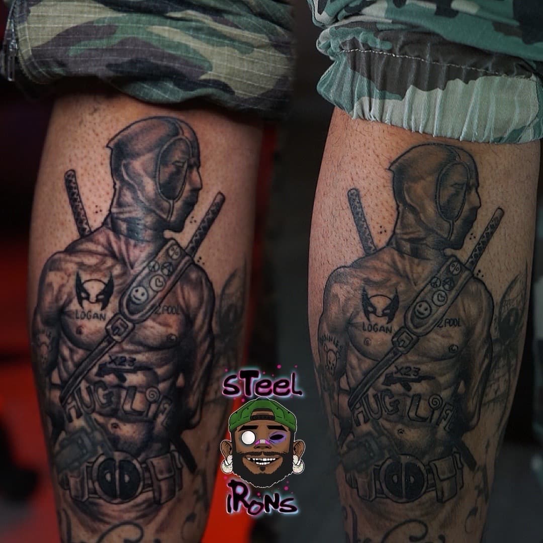 Black & Grey + Illustrative deadpool tattoo on Calf by Steelirons on TattMe