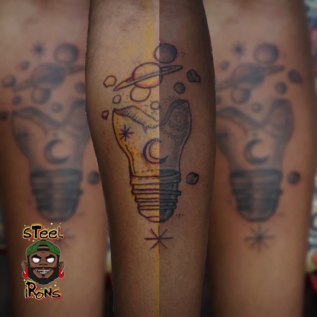 Illustrative + Black & Grey lightbulb tattoo on Calf by Steelirons on TattMe