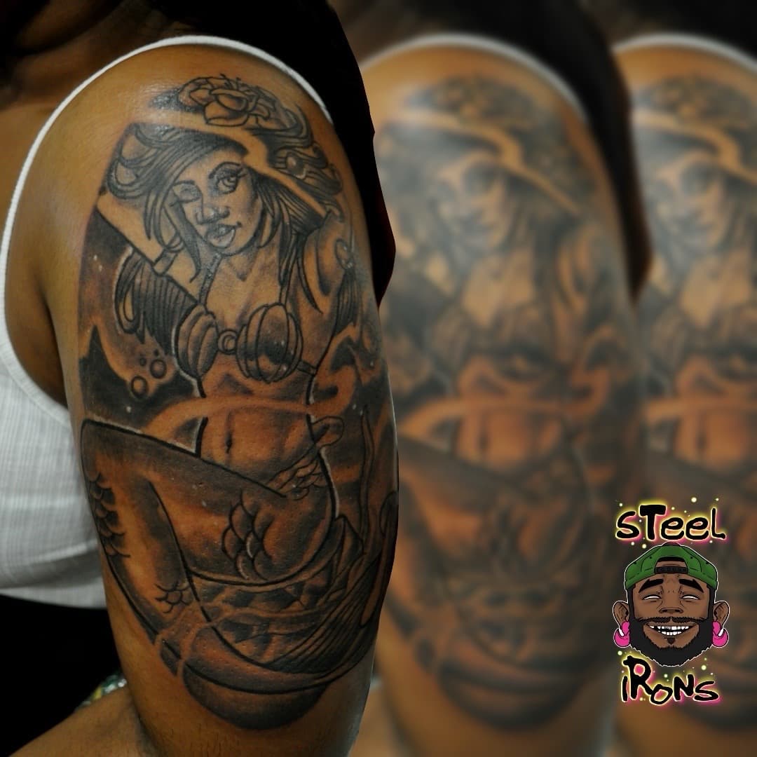 Black & Grey + Illustrative mermaid tattoo on Upper Arm by Steelirons on TattMe