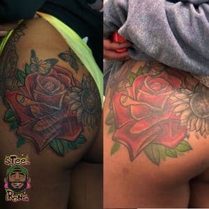 Color + Floral rose tattoo on Hip by Steelirons on TattMe