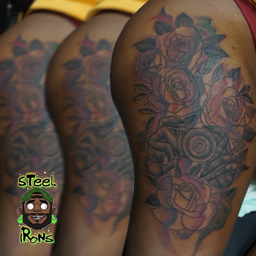 Floral + Line-work roses tattoo on Upper Arm by Steelirons on TattMe