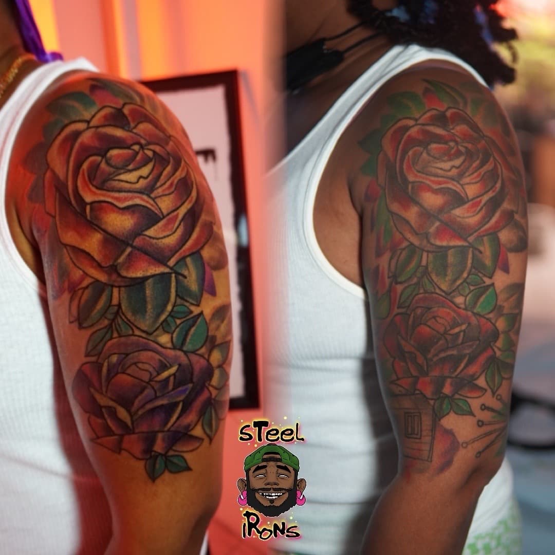 Neo-Traditional + Floral roses tattoo on Upper Arm by Steelirons on TattMe