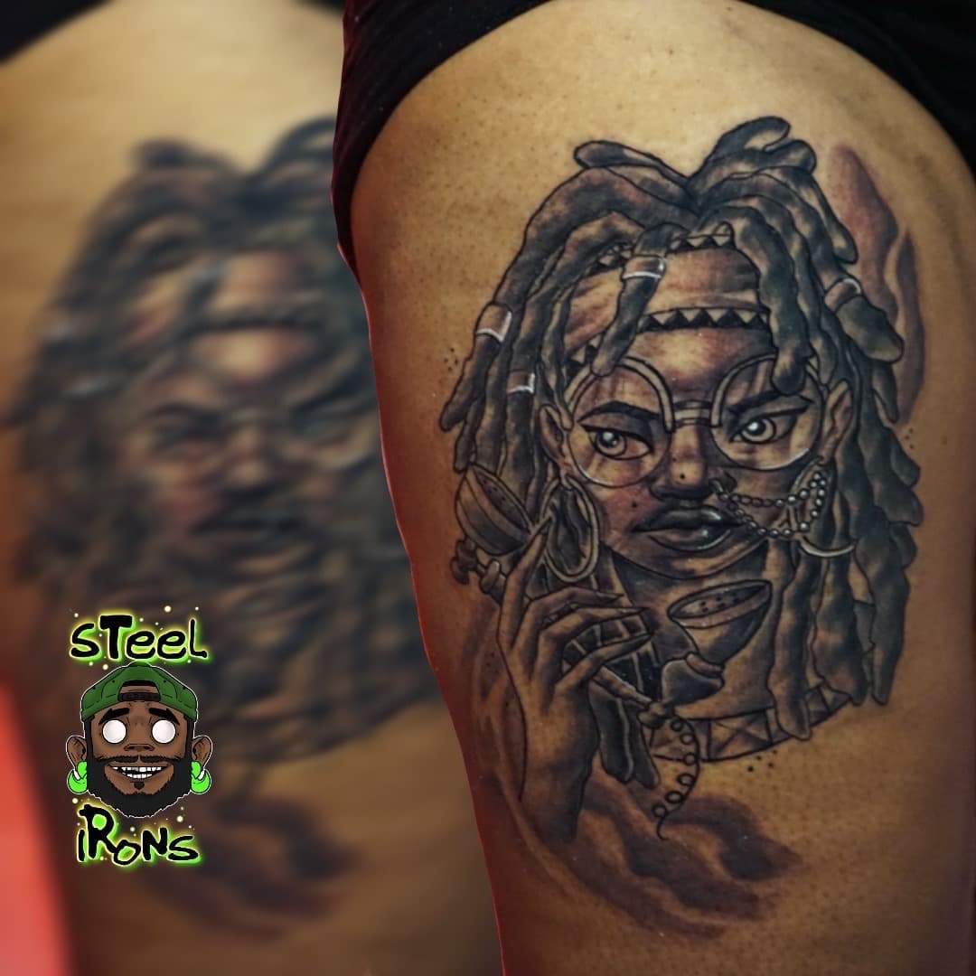 Black & Grey + Illustrative woman tattoo on Thigh by Steelirons on TattMe
