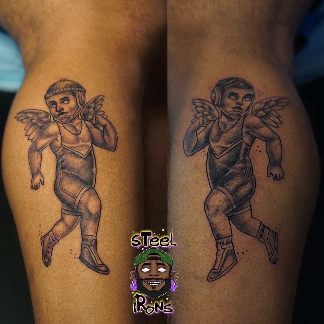 Black & Grey + Illustrative wrestler tattoo on Calf by Steelirons on TattMe