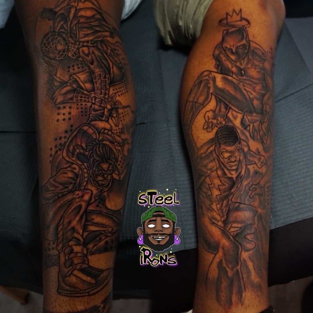 Black & Grey + Illustrative superheroes tattoo on Calf by Steelirons on TattMe