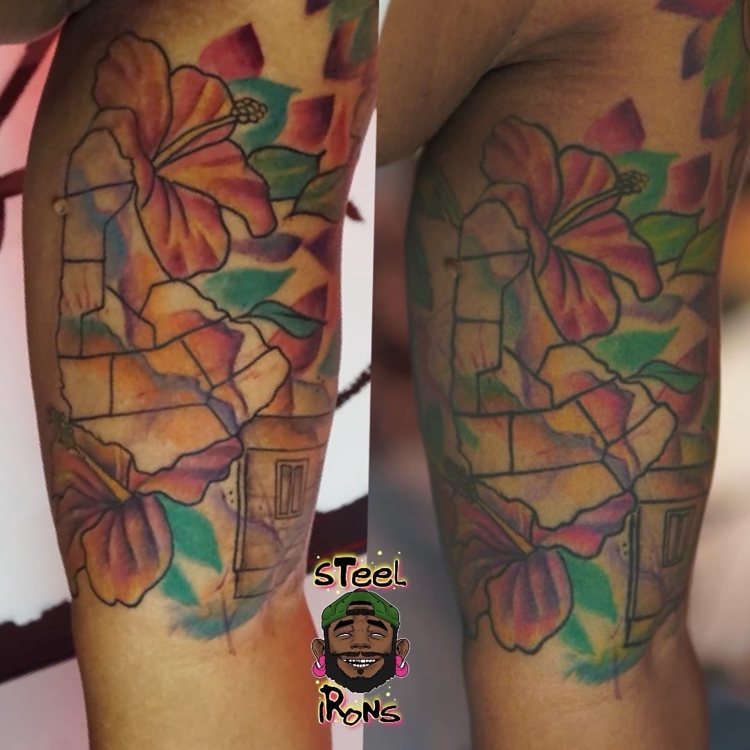 New School + Illustrative hibiscus tattoo on Upper Arm by Steelirons on TattMe