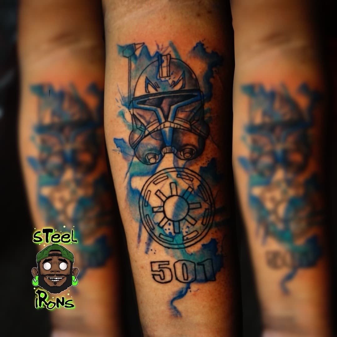 Watercolor + Pop Culture clone trooper tattoo on Forearm by Steelirons on TattMe