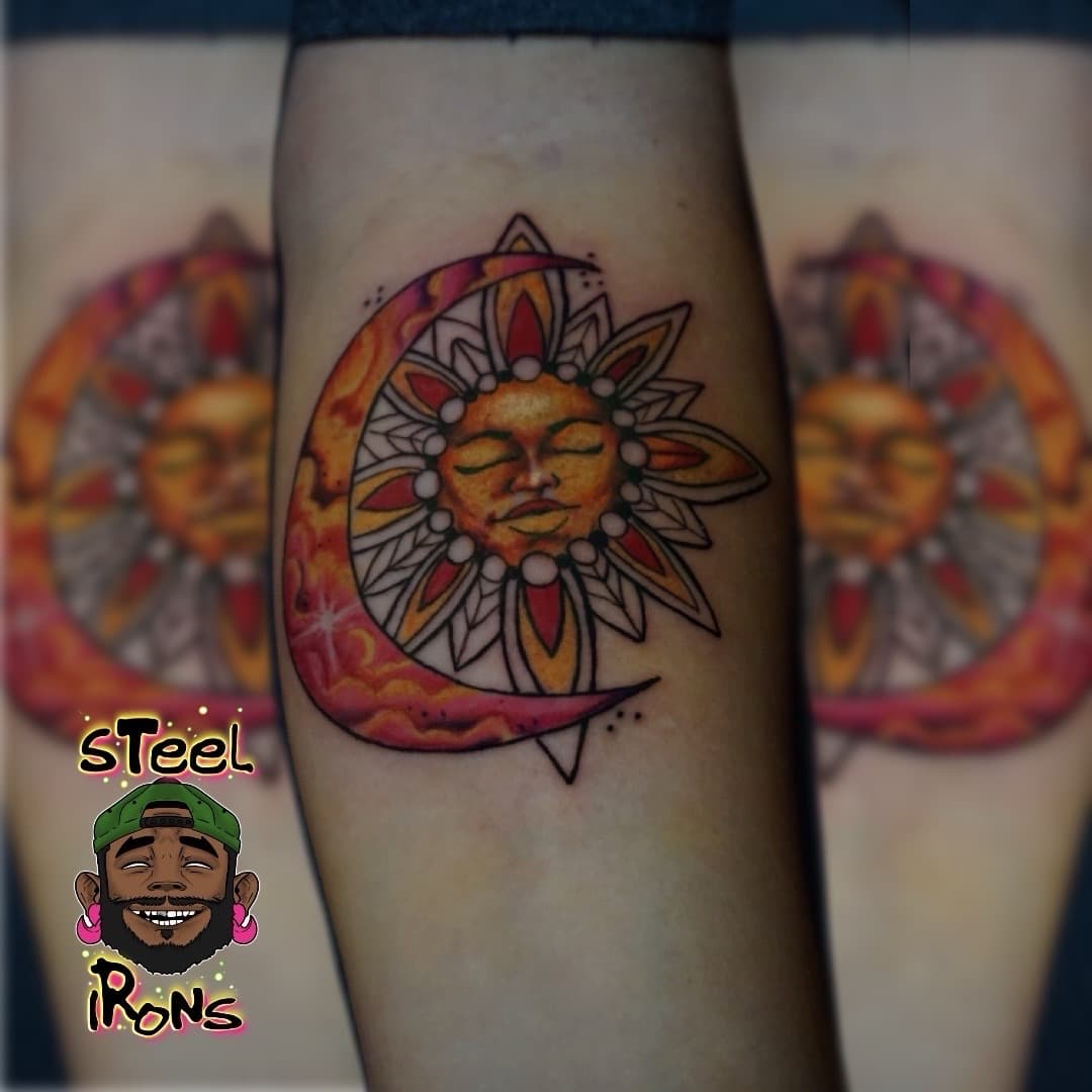 Color + Illustrative sun tattoo on Forearm by Steelirons on TattMe