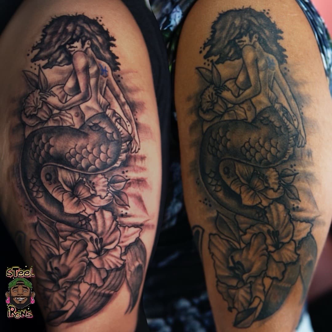 Black & Grey + Illustrative mermaid tattoo on Upper Arm by Steelirons on TattMe