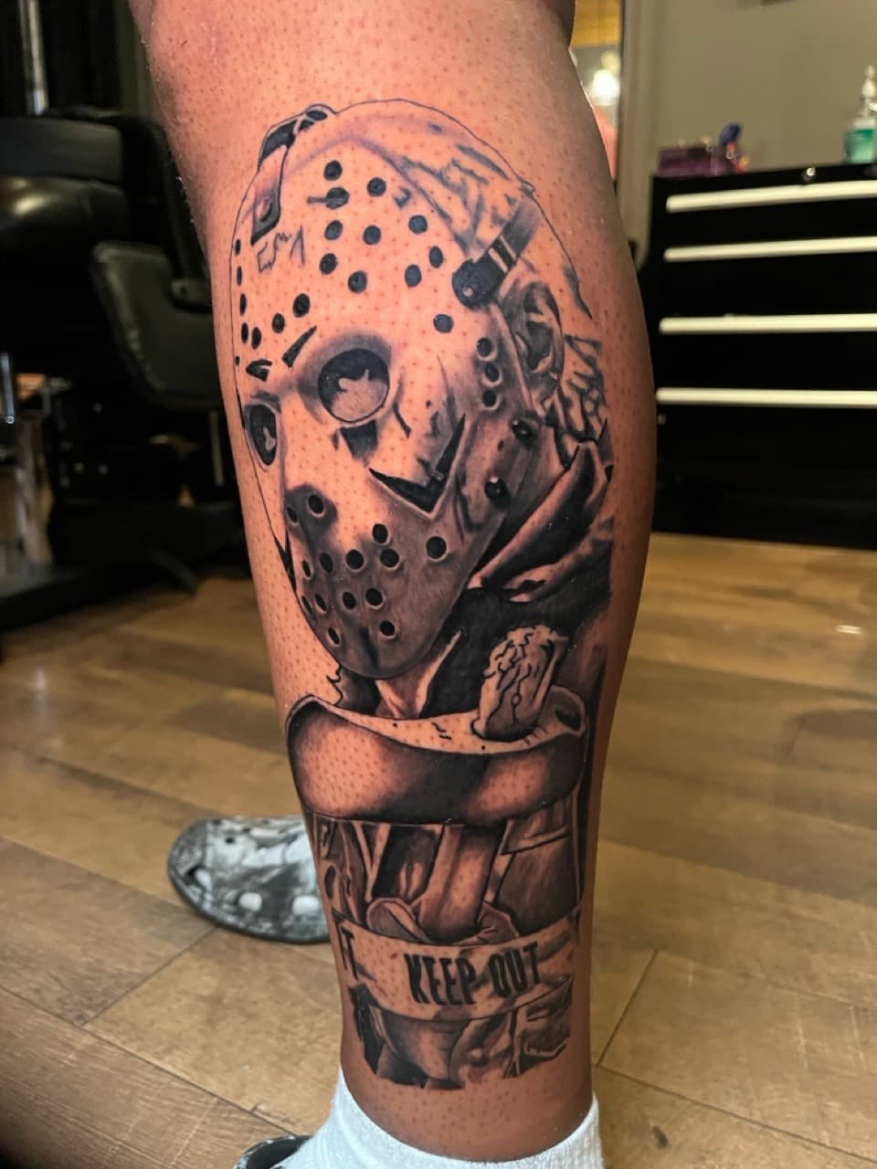 Black & Grey + Realism jason voorhees tattoo on Calf by Noticeink on TattMe