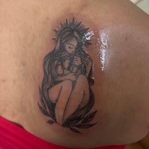 Fine Line + Black & Grey woman tattoo on Shoulder Blade by Skull_Brothers_Ink on TattMe