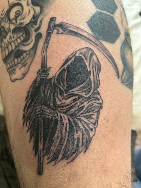 Black & Grey + Illustrative grim reaper tattoo on Forearm by Skull_Brothers_Ink on TattMe