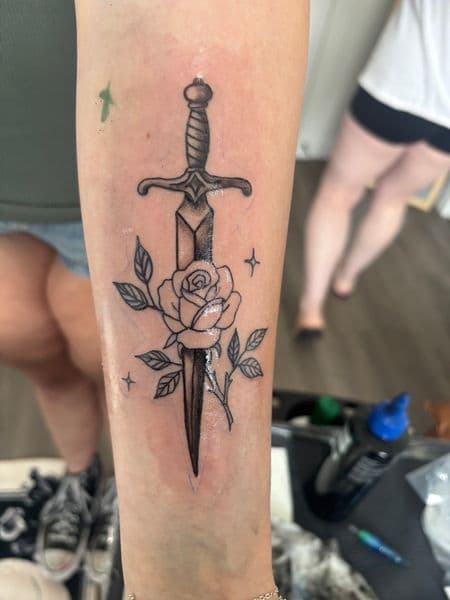 Fine Line + Black & Grey dagger tattoo on Forearm by Skull_Brothers_Ink on TattMe