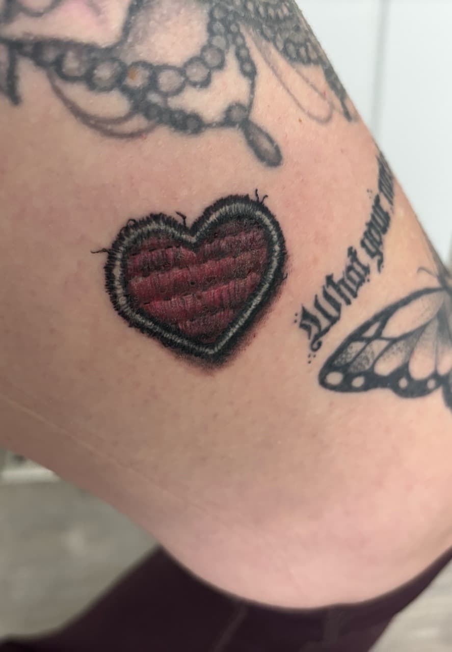 Patchwork + Color heart tattoo on Upper Arm by Skull_Brothers_Ink on TattMe