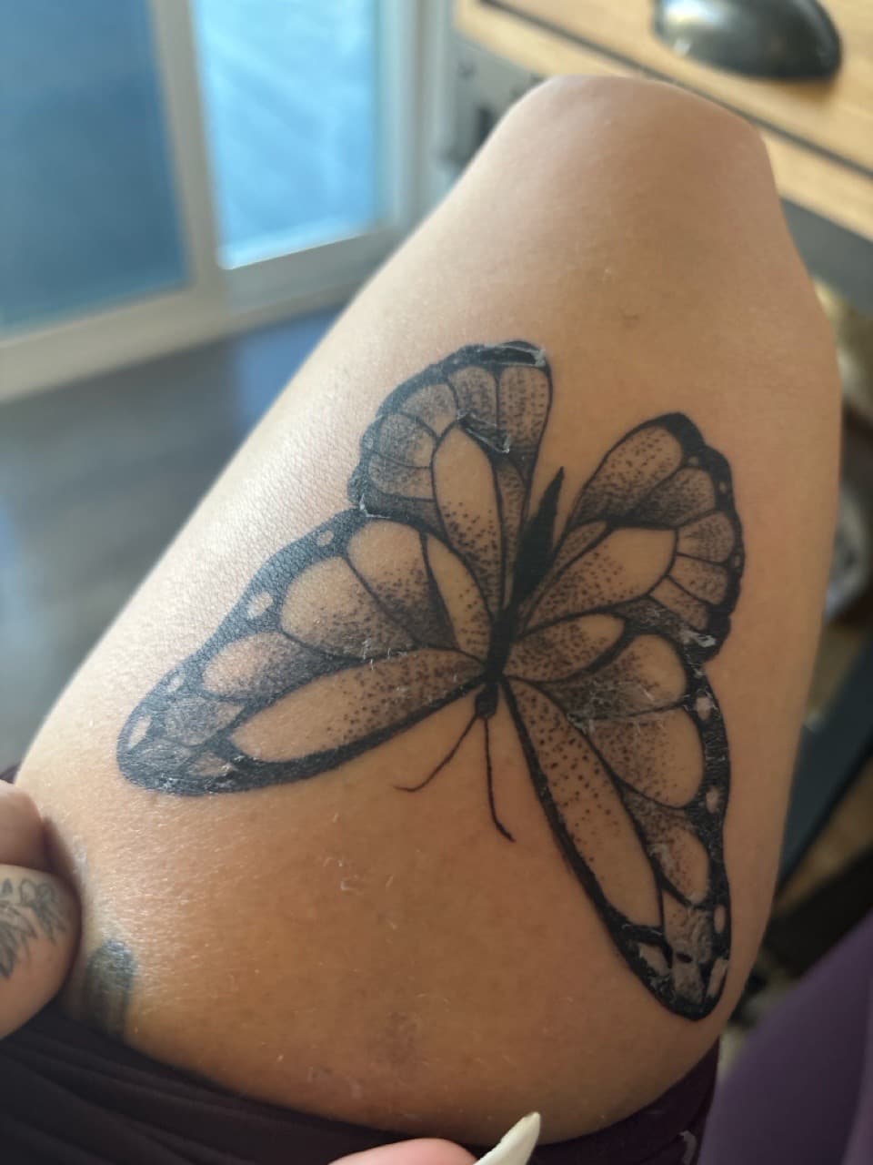 Dot-work + Black-work butterfly tattoo on Upper Arm by Skull_Brothers_Ink on TattMe
