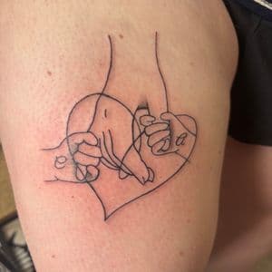 Fine Line + Minimalist hands tattoo on Thigh by Skull_Brothers_Ink on TattMe