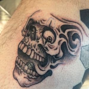Black & Grey + Illustrative skull tattoo on Calf by Skull_Brothers_Ink on TattMe