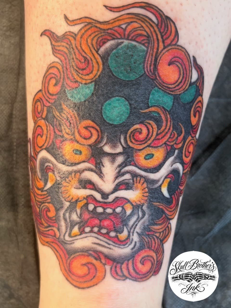 Japanese + Color foo dog tattoo on Calf by Skull_Brothers_Ink on TattMe