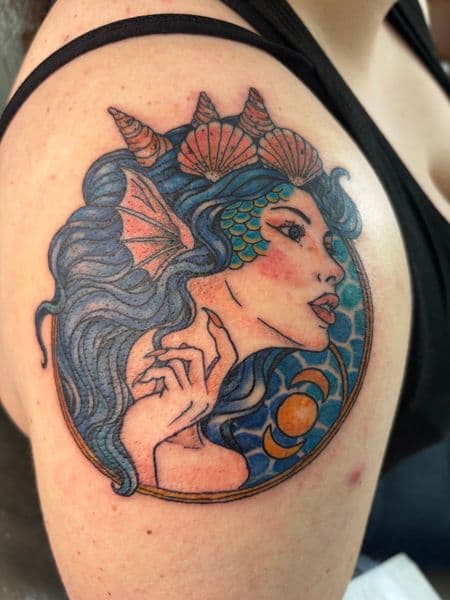 Illustrative + Color mermaid tattoo on Shoulder by Skull_Brothers_Ink on TattMe
