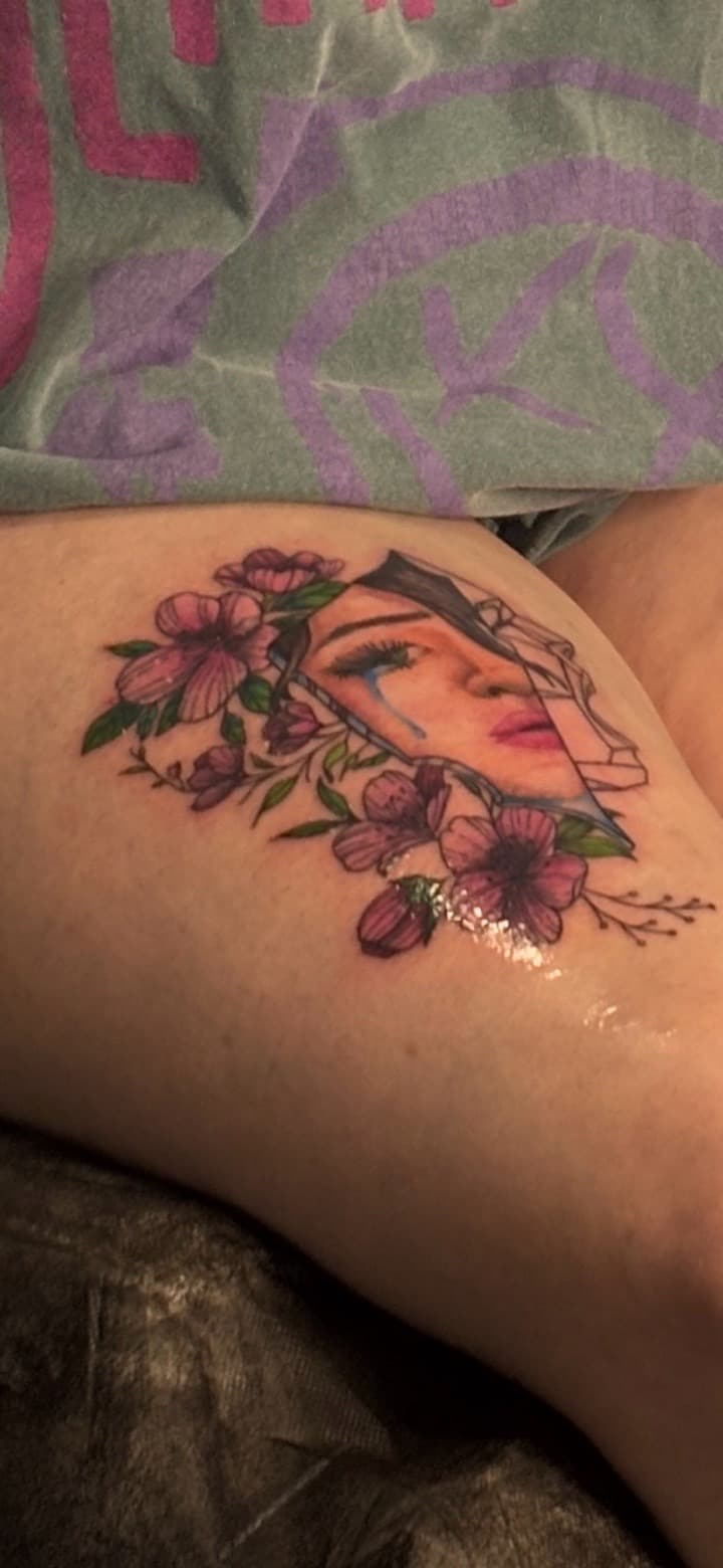 Illustrative + Floral face tattoo on Thigh by Skull_Brothers_Ink on TattMe