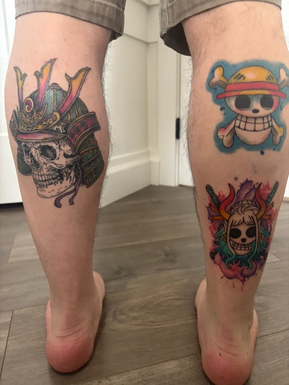 Color + Anime samurai tattoo on Calf by Skull_Brothers_Ink on TattMe